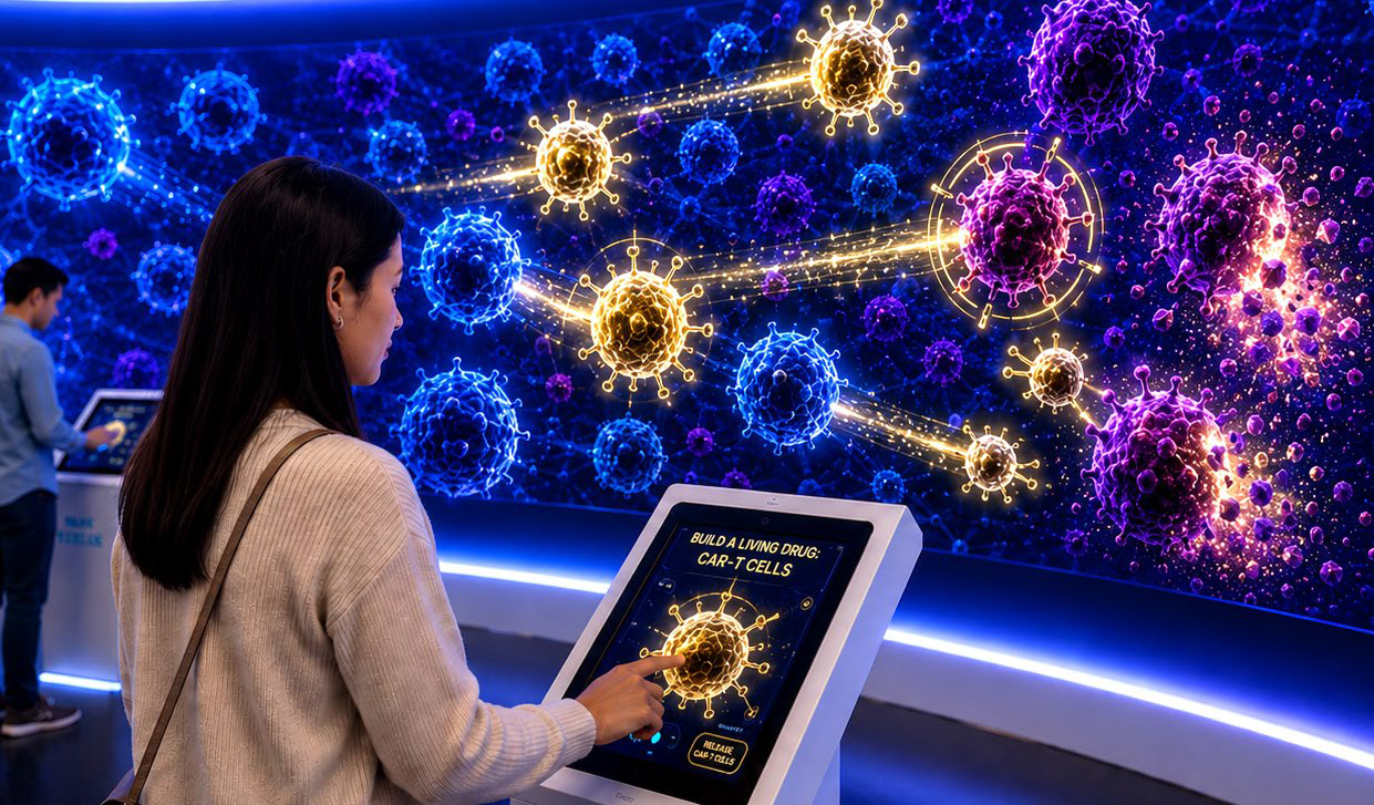 Visitor interacting with a large touchscreen displaying glowing immune and cancer cells